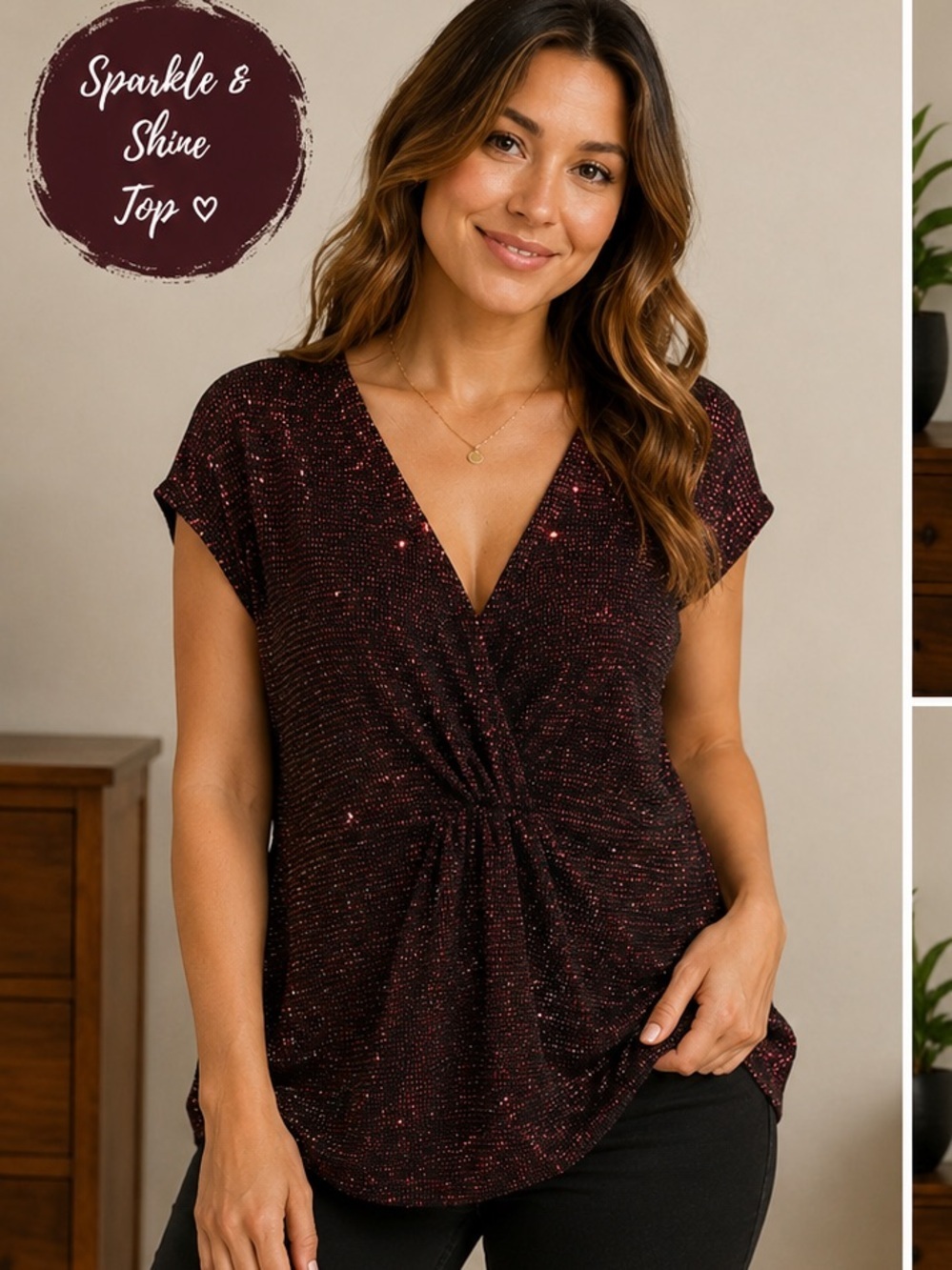 ANOTHER THYME Sparkle Wrap Front Burgundy Evening Dress XL STRETCHY